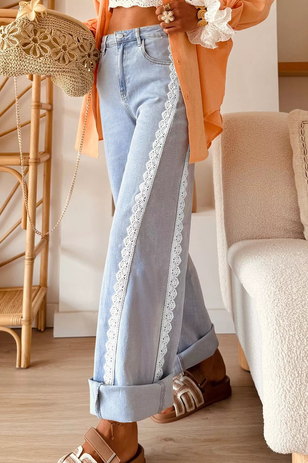 Trendsi Light Wash Lace Trim Wide Leg Jeans -