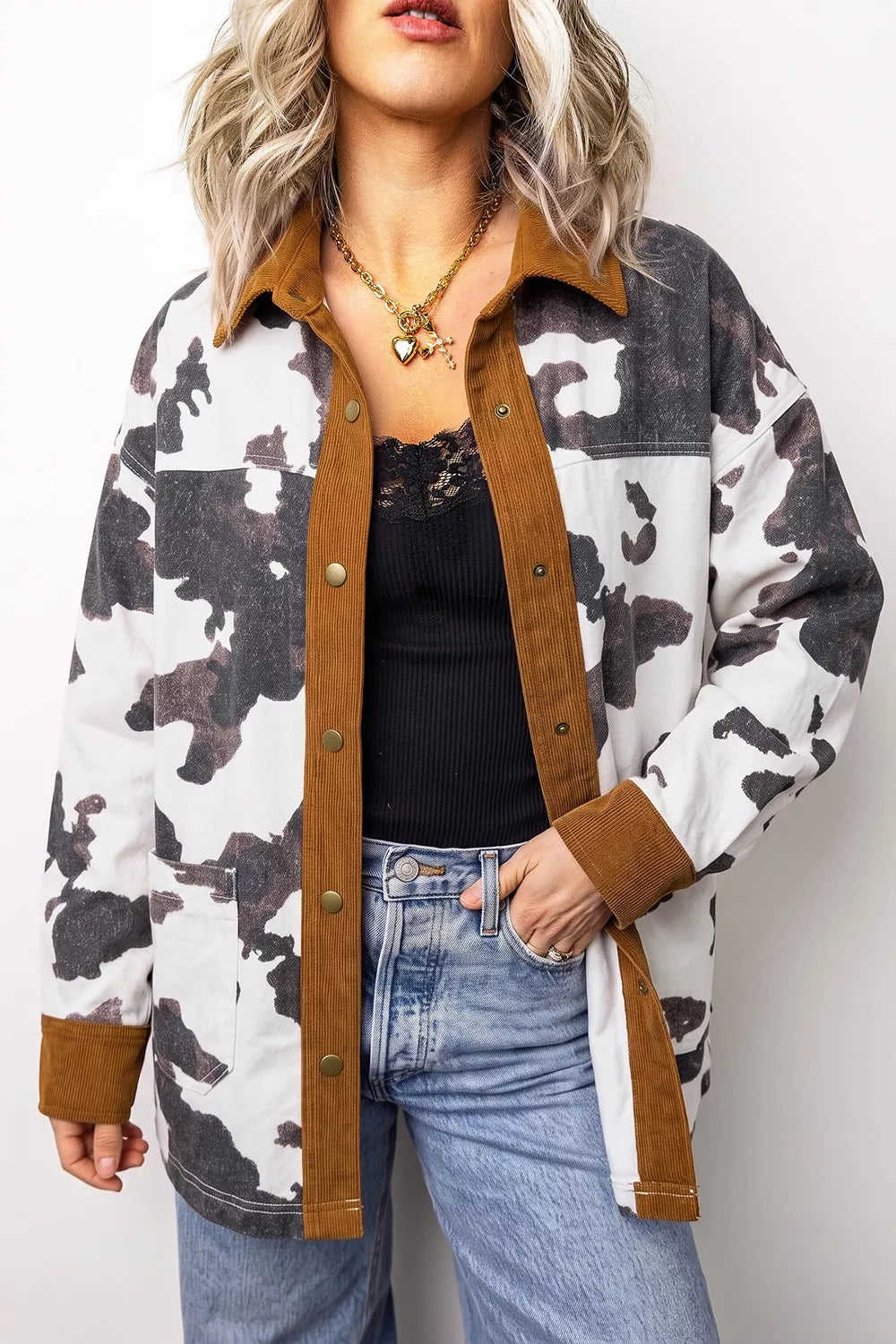 Trendsi Multicolour Western Cow Print Long Sleeve Button-Up Denim Jacket -