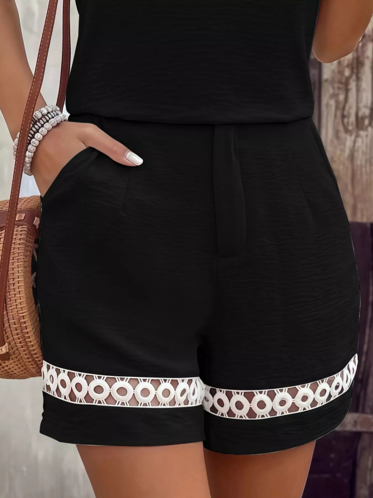 Lace Trim Short Sleeve Top and Shorts Set in black, shorts detail