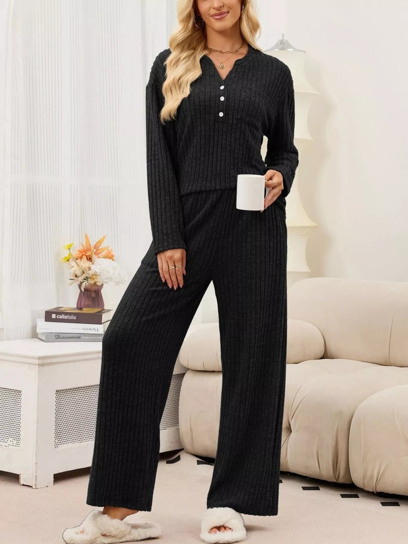 Trendsi Ribbed Knit Top and Wide-Leg Pants Set -