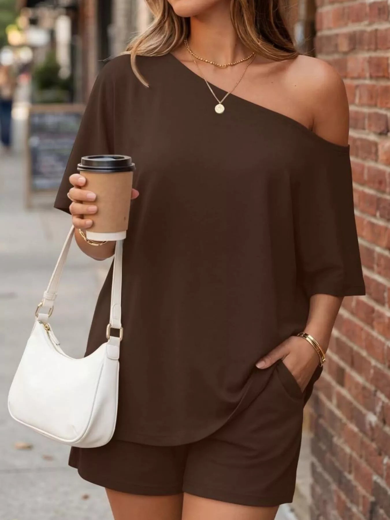 Trendsi One-Shoulder Short Sleeve Top and Shorts Set -
