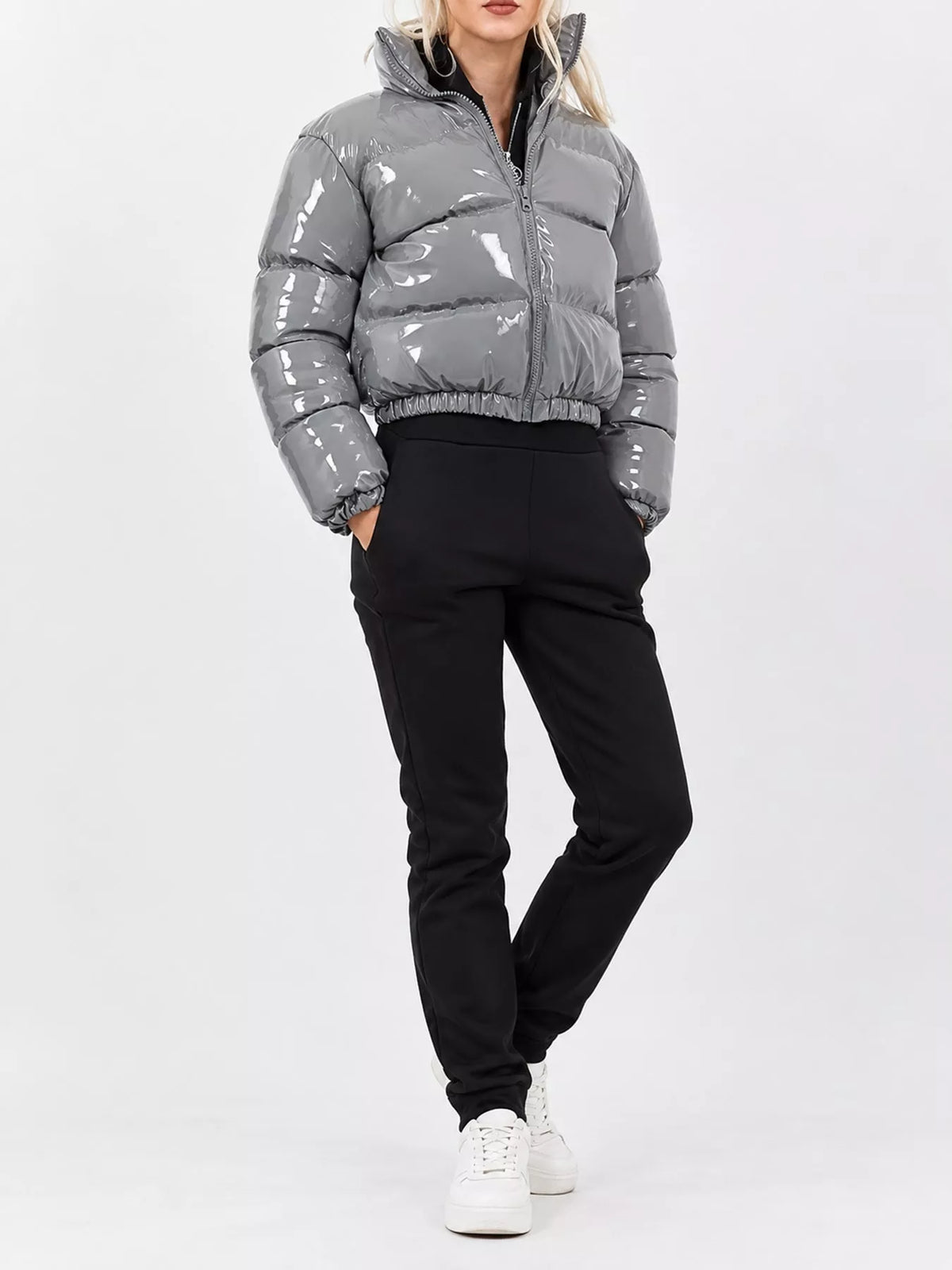 Glossy Stand-Collar Zip-Up Puffer Jacket — front view