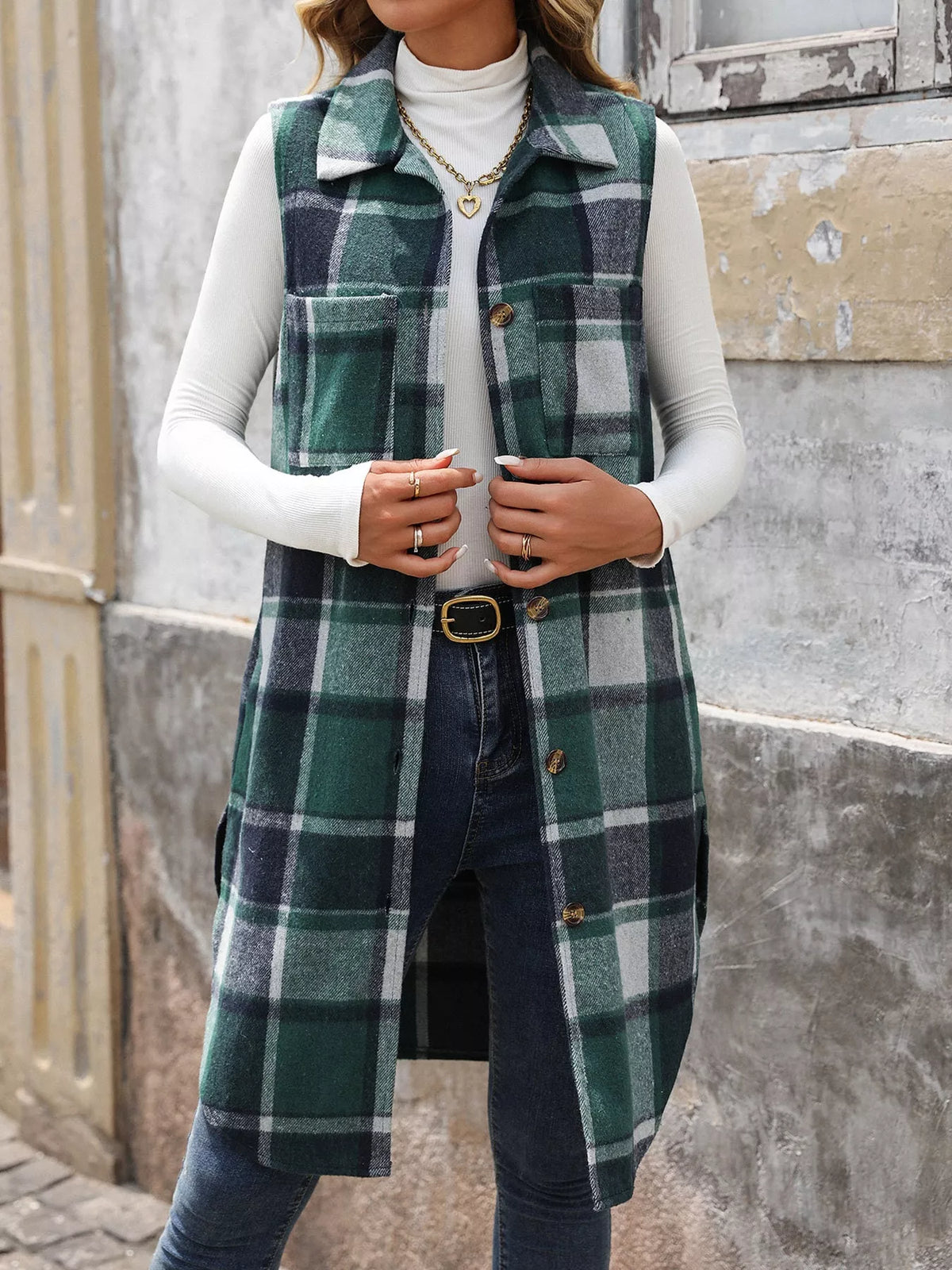Longline Plaid Button-Down Vest Coat in green and white