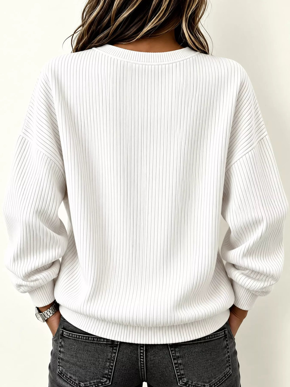 Women's Quarter-Zip Dropped Shoulder Sweatshirt in white — back view