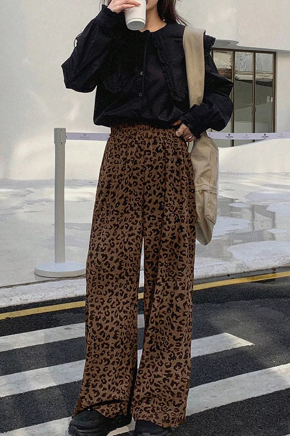 Trendsi Leopard Print Elastic High Waist Loose Corduroy Pants -