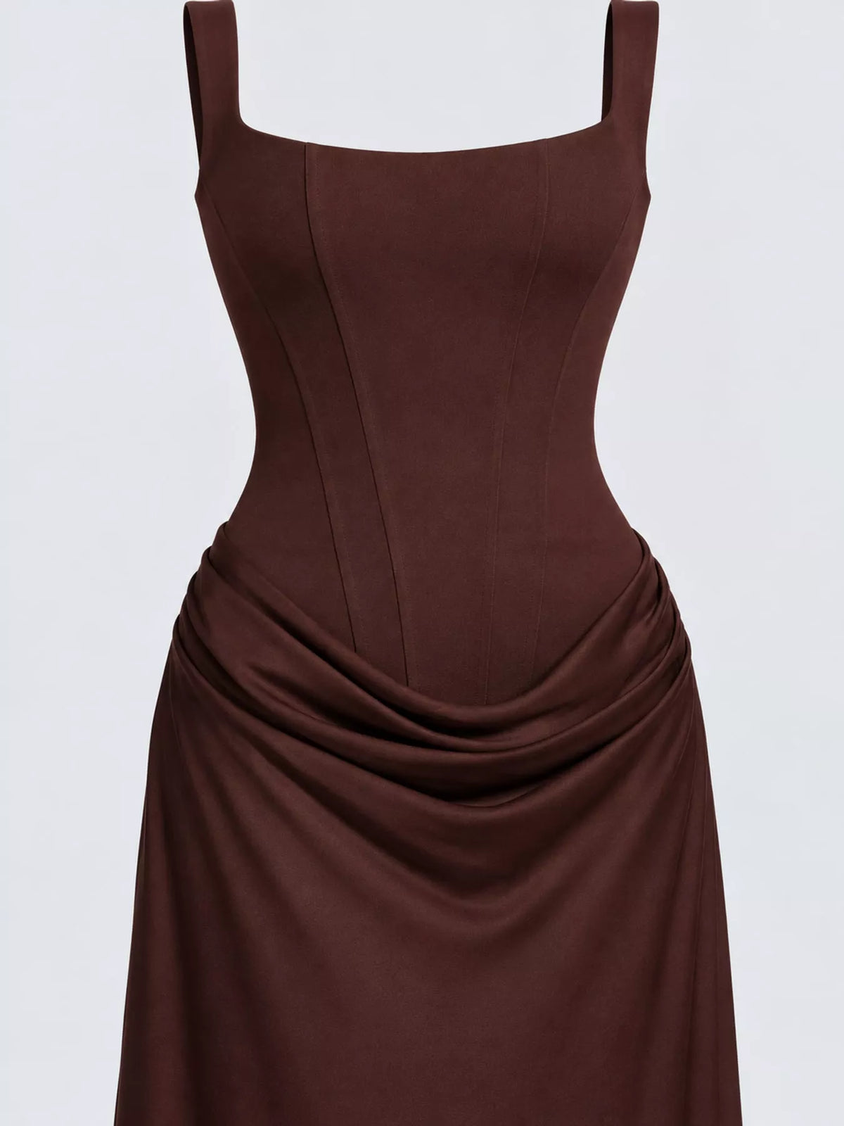 Square neck sleeveless maxi dress, construction and design details