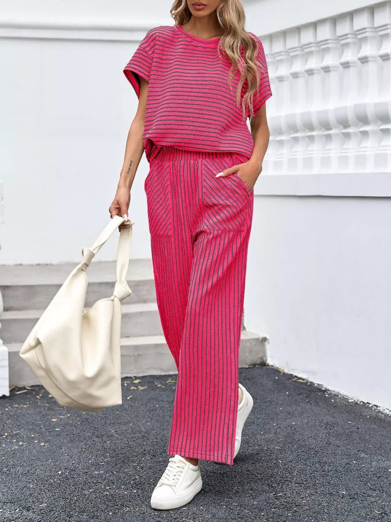 Trendsi Casual Striped Short Sleeve Top and Wide Leg Pants Two-Piece Set -
