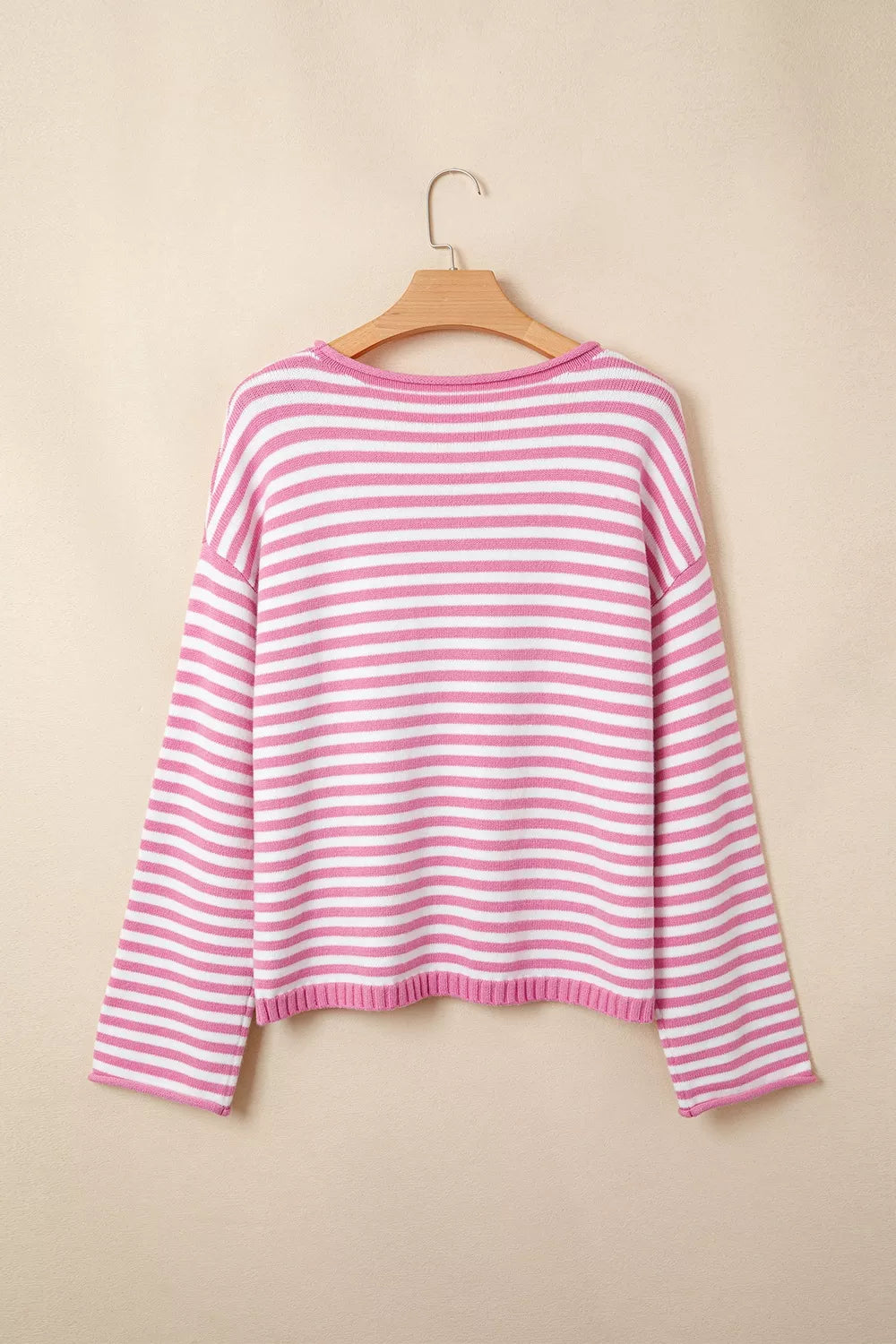 Trendsi Striped Button Placket Drop Shoulder Long Sleeve Sweater -