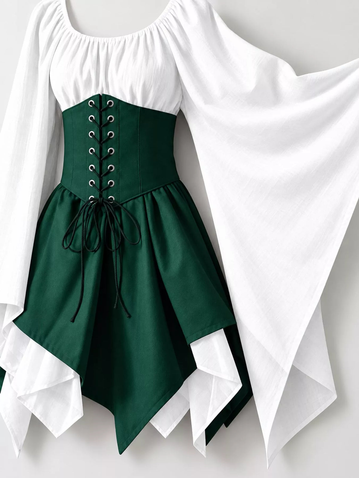 Lace-up asymmetric dress, white green lace up bodice detail