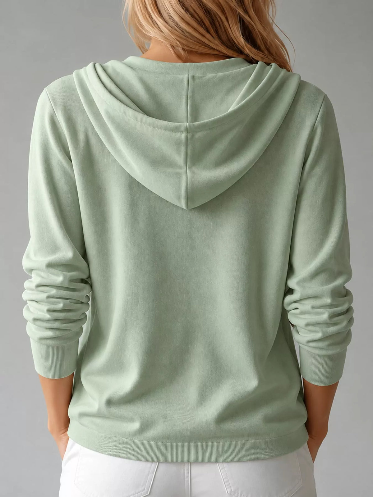 Hooded long sleeve cardigan, back view