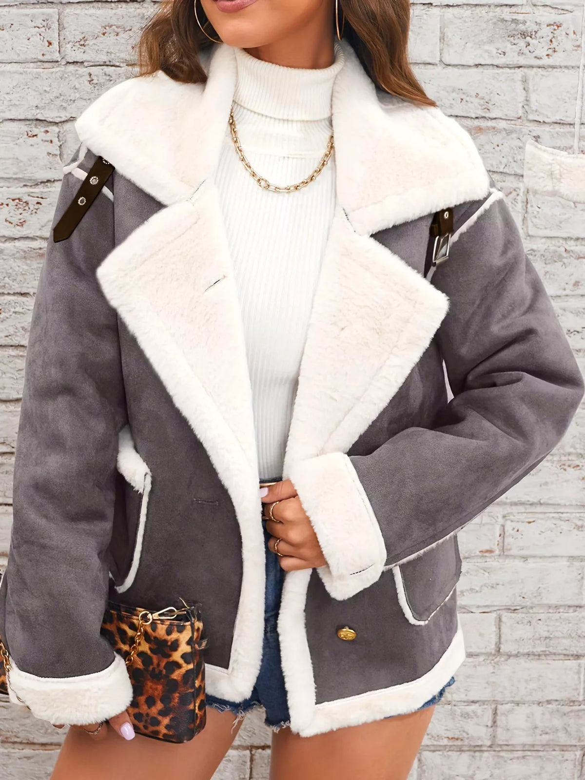 Gray plush-lined button-front jacket — front view