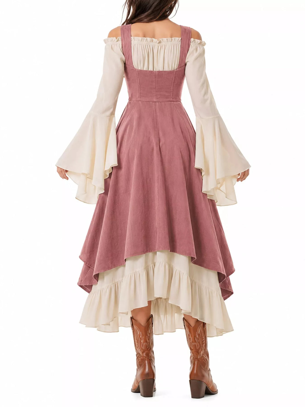 Pink corset style lace-up bell sleeve dress — back view