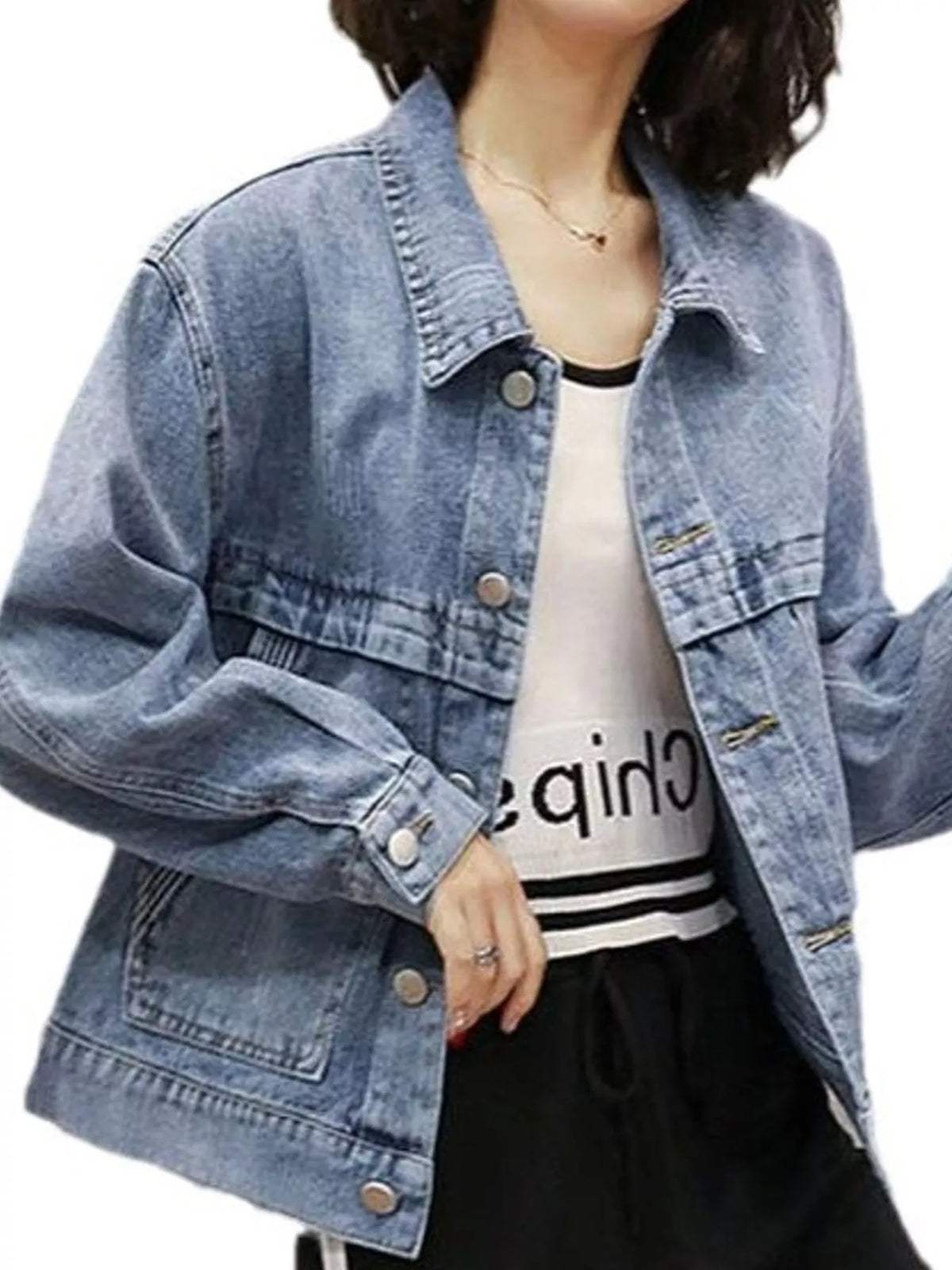 Embroidered Button-Up Denim Jacket — front view