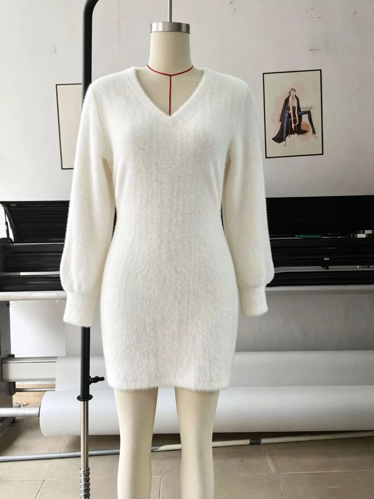 Fuzzy sweater dress, white mannequin front