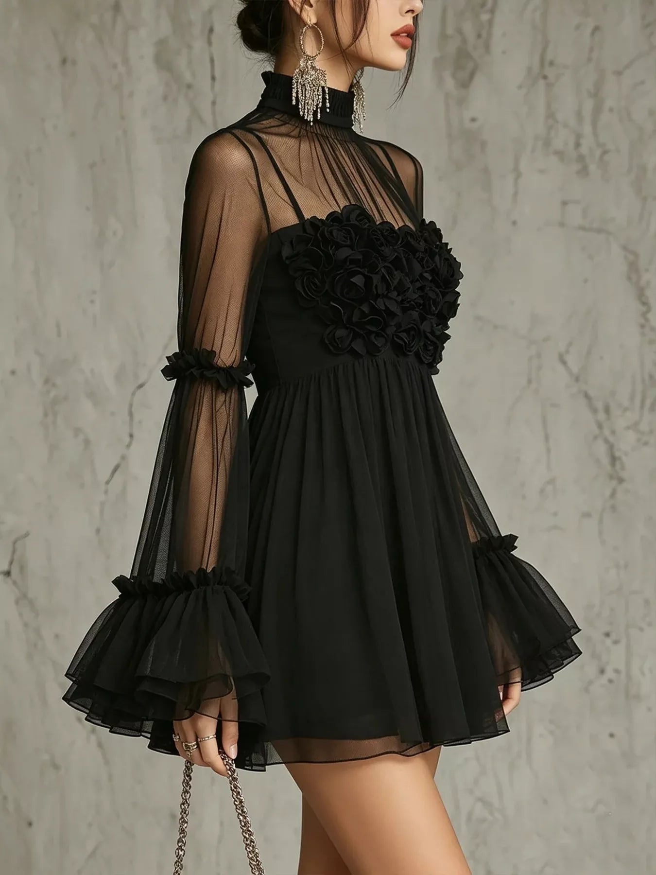 Women's sheer mesh rose-applique mini dress