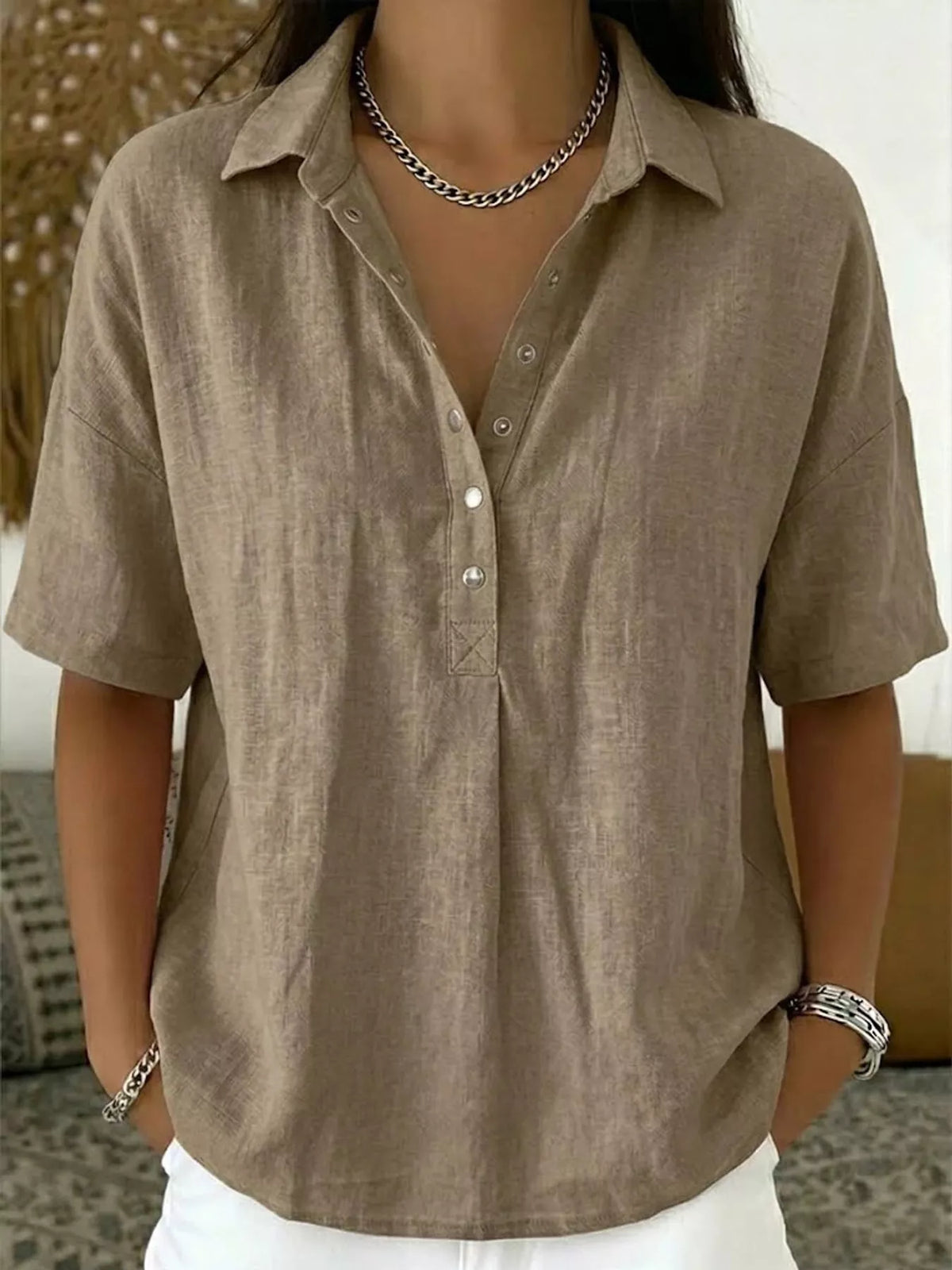 Snap Down Shirt in khaki, front view