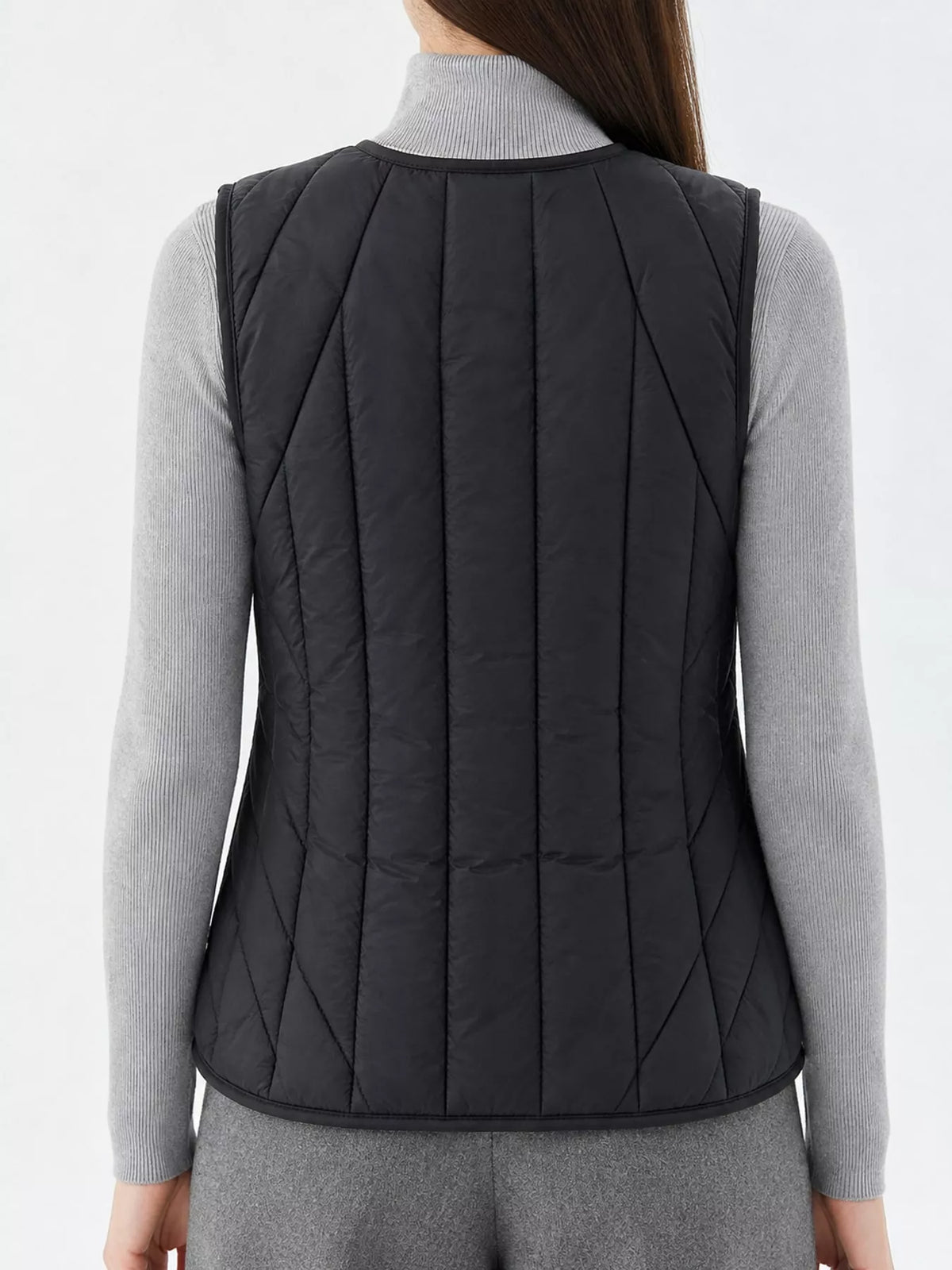 Quilted Button Up Vest in black, back view