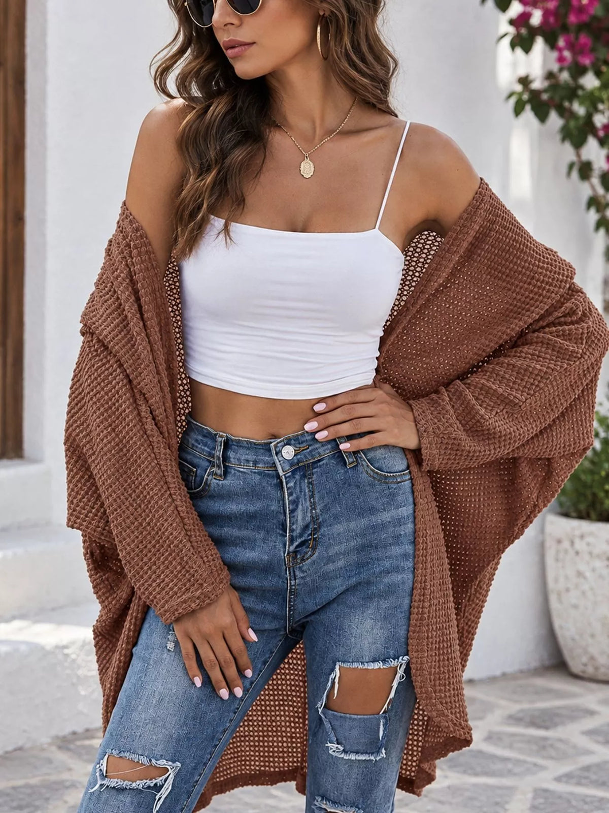 Women's Waffle Knit Open Front Oversized Cardigan in brown — front view