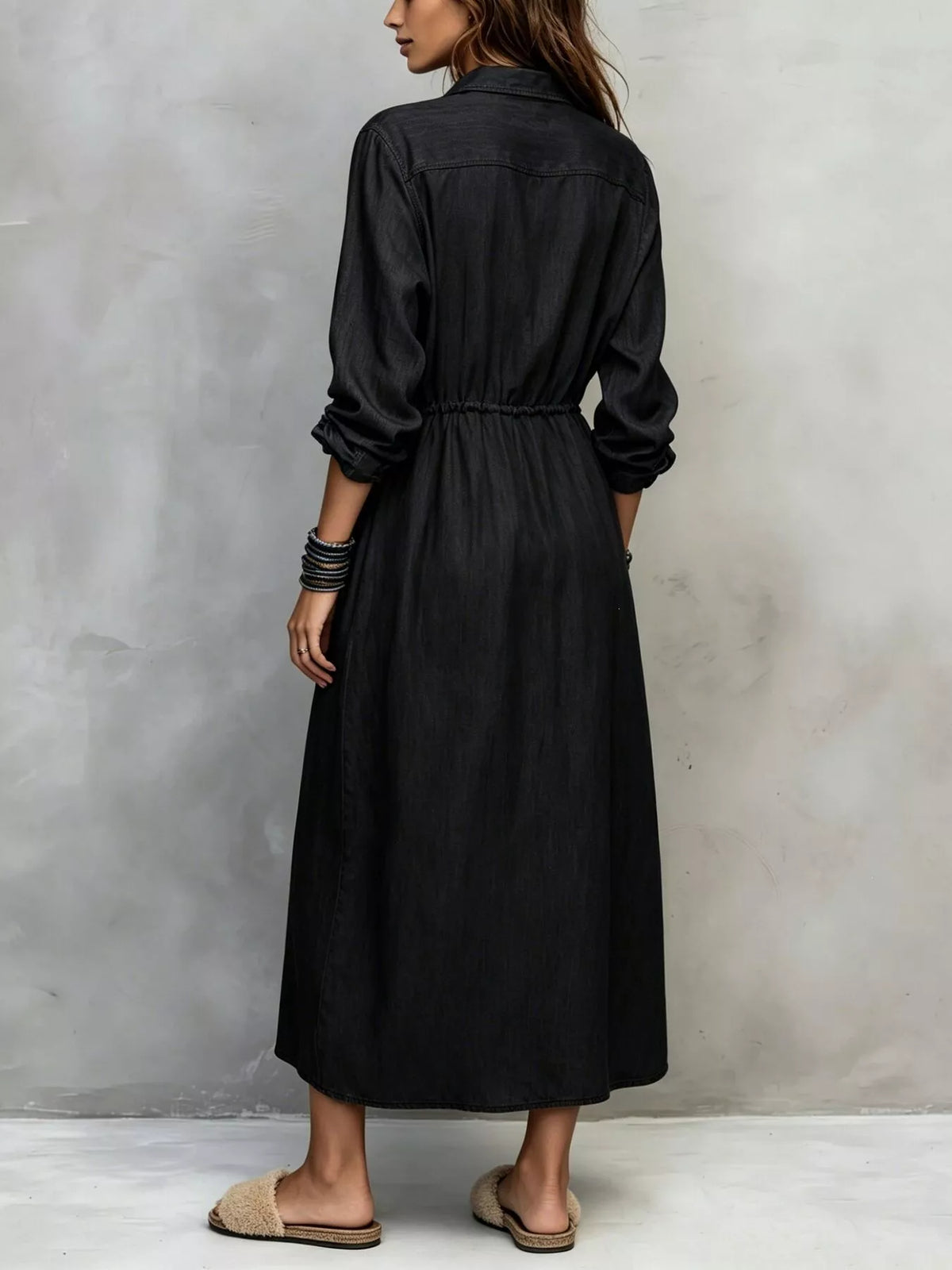 Black Button-Front Long Sleeve Maxi Shirt Dress back view