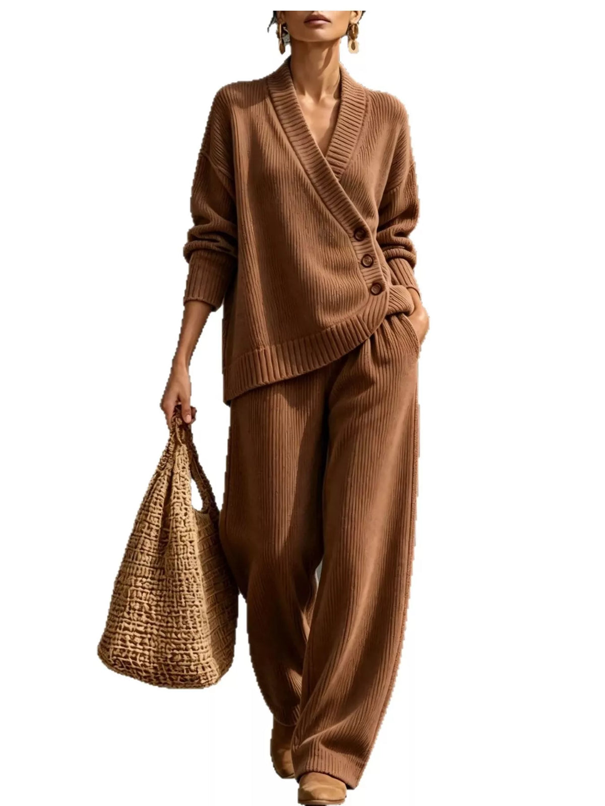 V-Neck Wrap Sweater and Wide-Leg Pants Set — front view