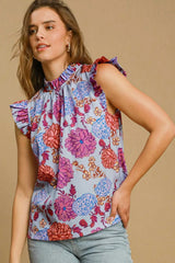 Trendsi Umgee Full Size Floral Print Ruffled Cap Sleeve Blouse Plus Size - Dresses
