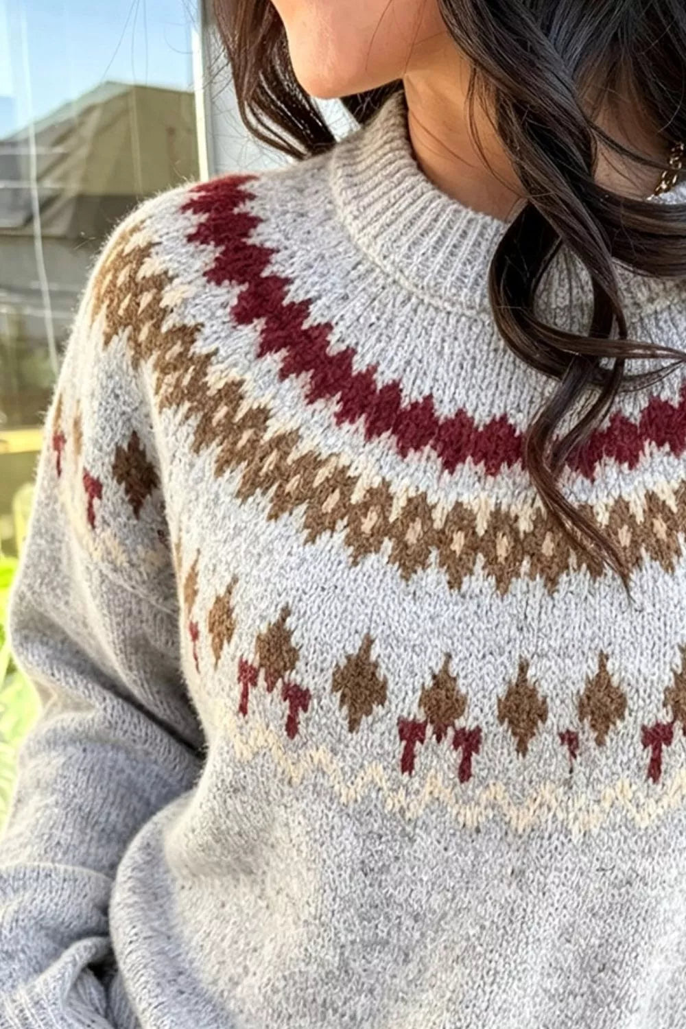 Women's Fair Isle Patterned Crew Neck Sweater in Light Gray, back view