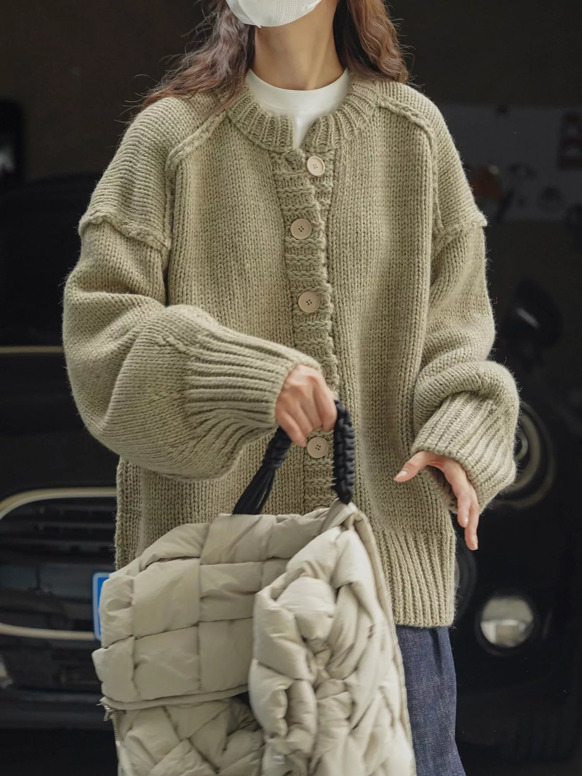 Oversized Chunky Knit Cardigan with Textured Button Placket in green