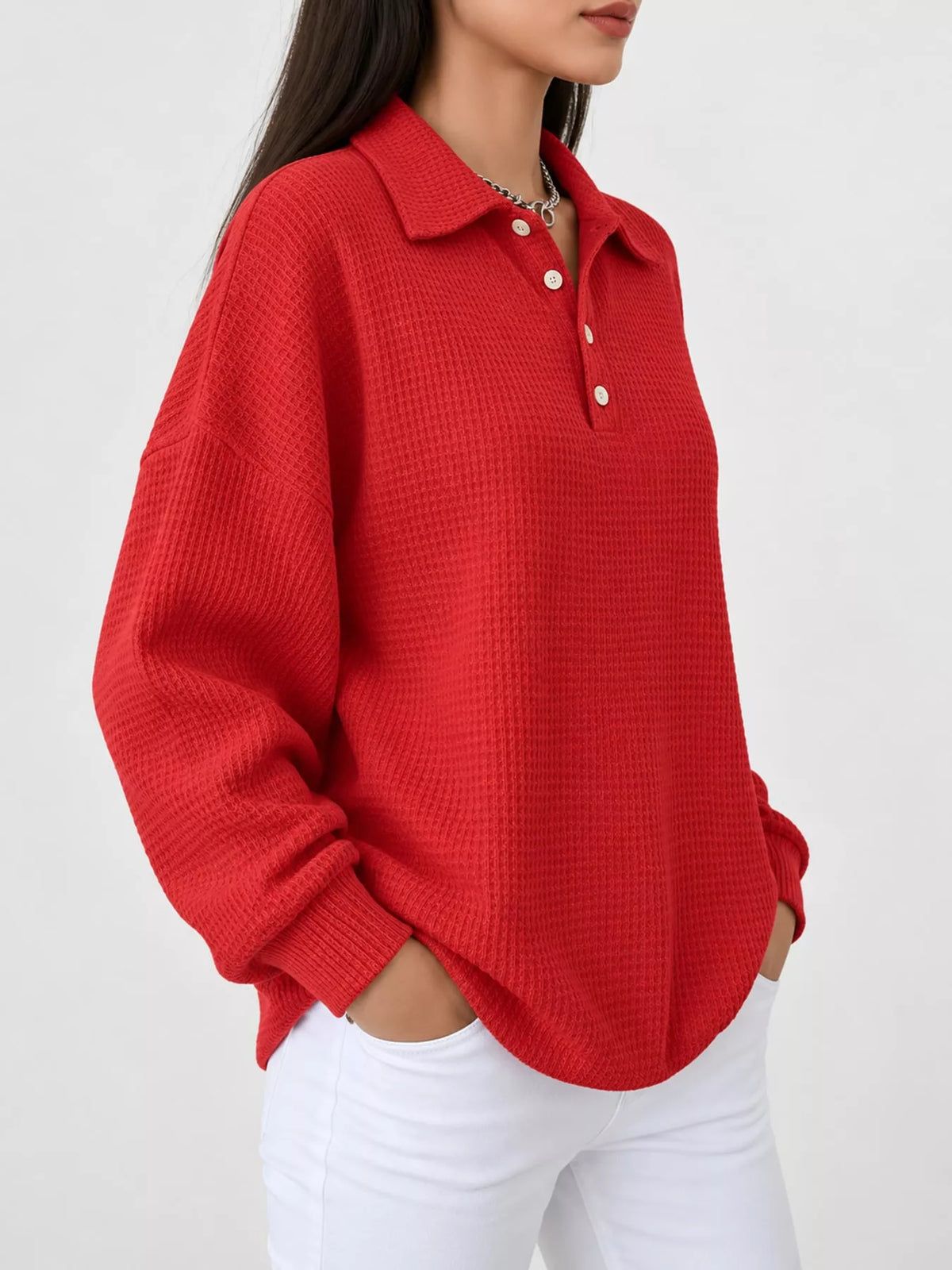 Waffle Knit Quarter-Button Polo T-Shirt — side view
