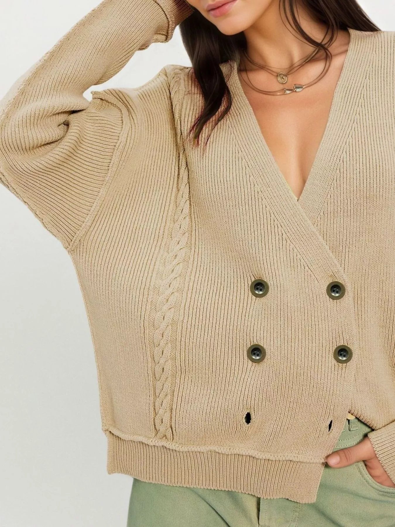 Trendsi Double-Breasted Cable Knit Cardigan -