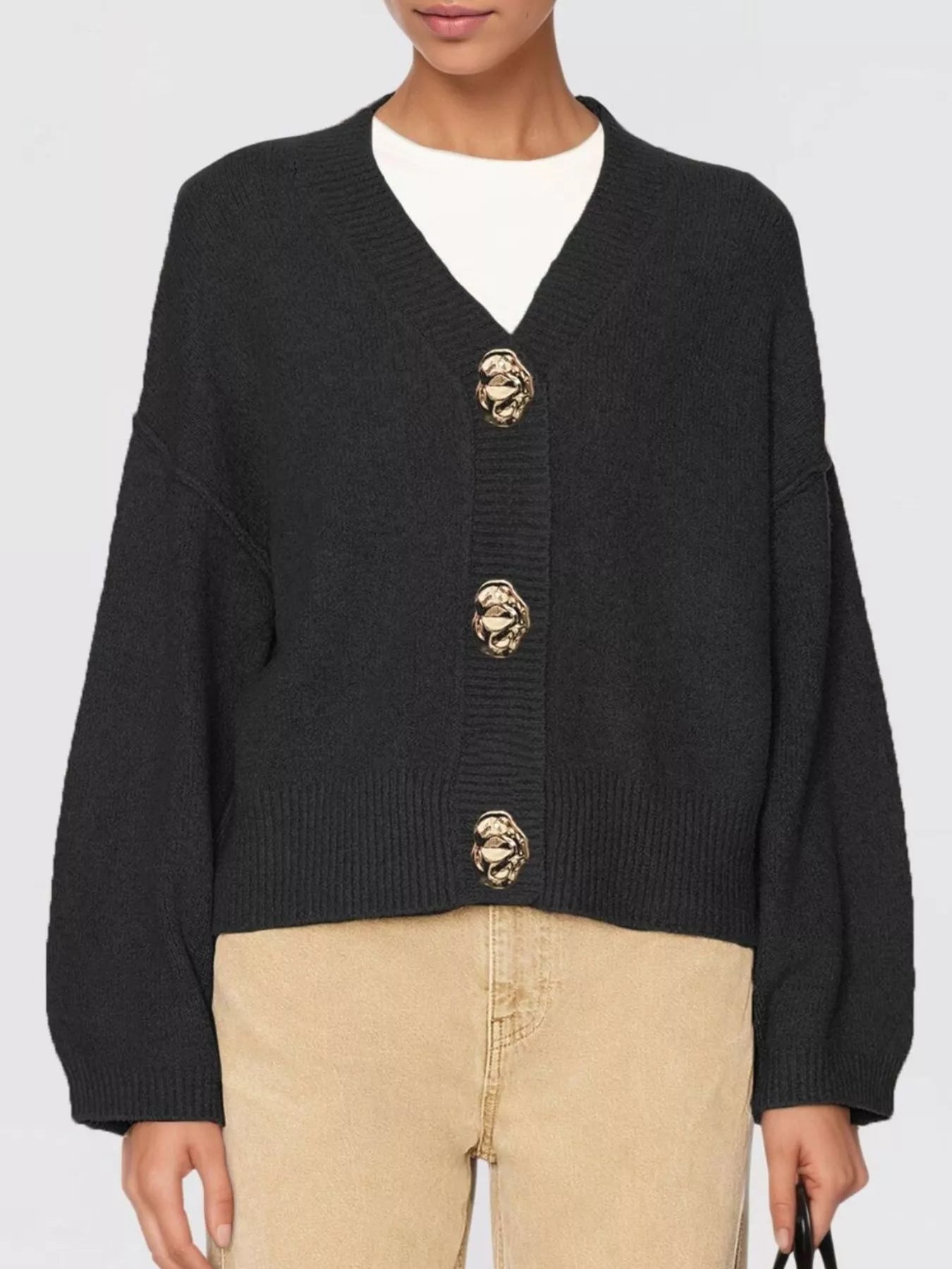 Trendsi Gold Buttons V-Neck Cardigan -