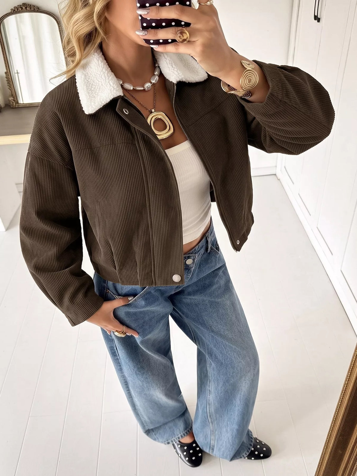 Trendsi Contrast Sherpa Collar Corduroy Zip Up Jacket -