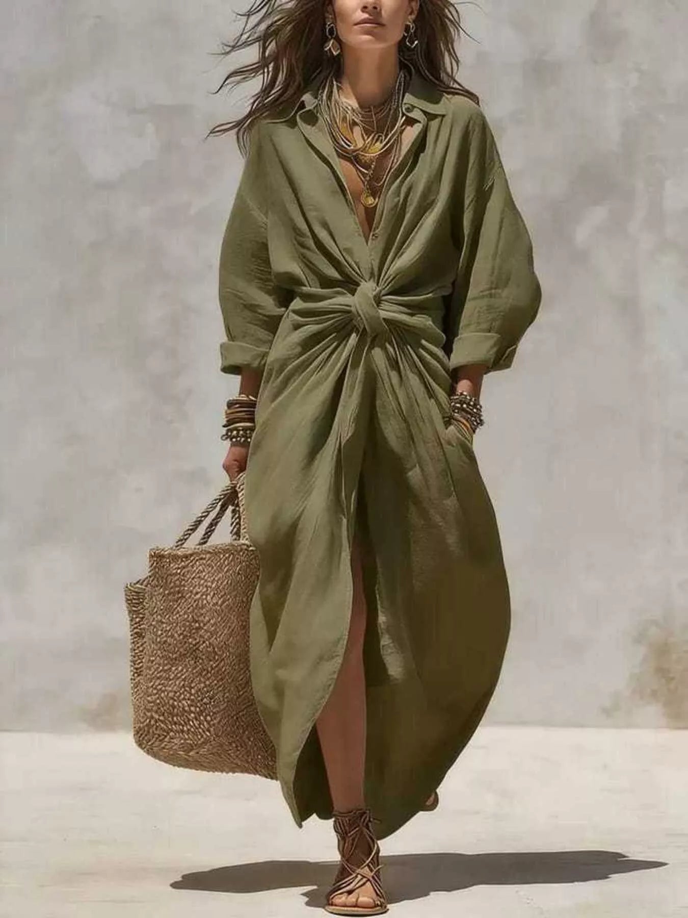 Trendsi Front-Tie Maxi Shirt Dress -