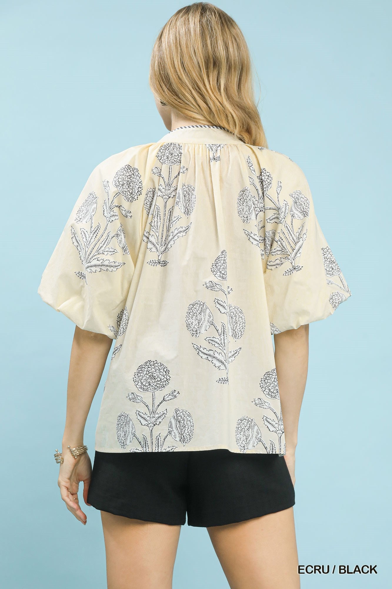 Women's Floral Cotton V-Neck Top With Striped Trim and Puff Sleeves — product view 3