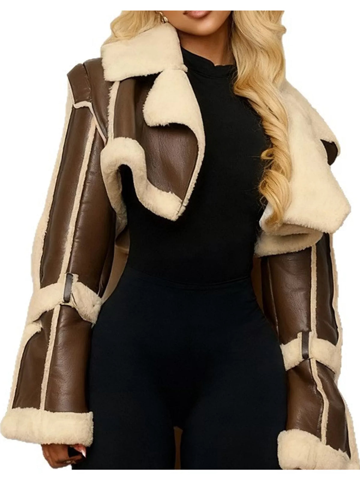 Brown faux leather plush cropped jacket