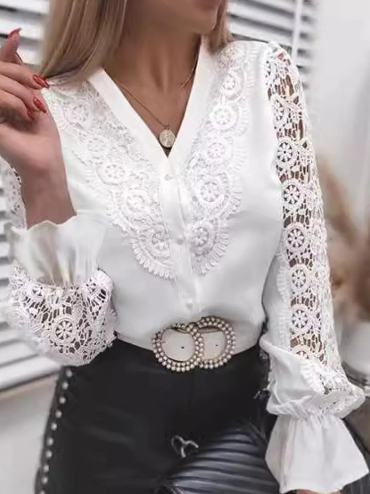 White lace-trim V-neck shirt with flounce cuffs