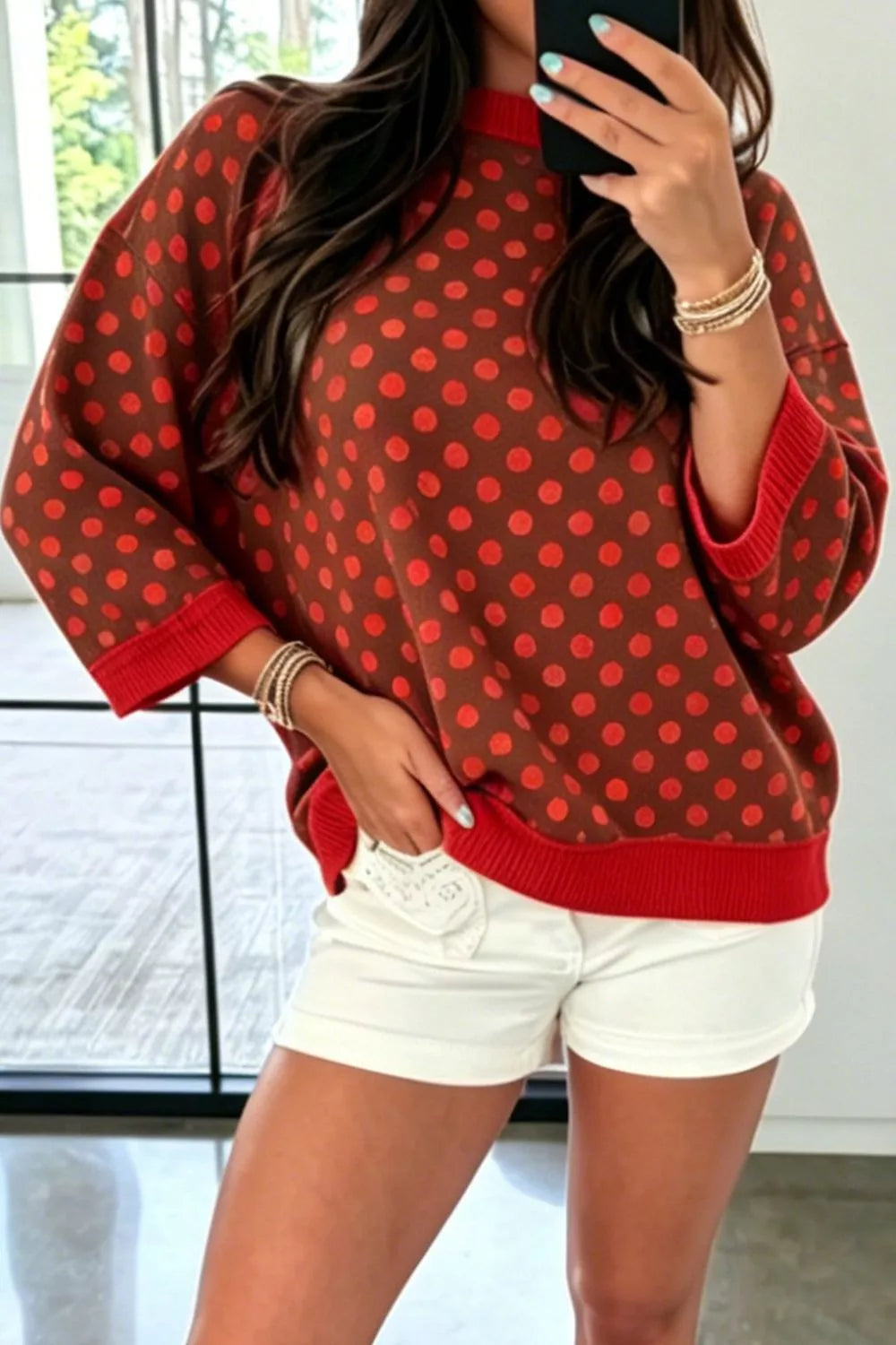 Polka Dot Sweatshirt in brown with red dots, front view