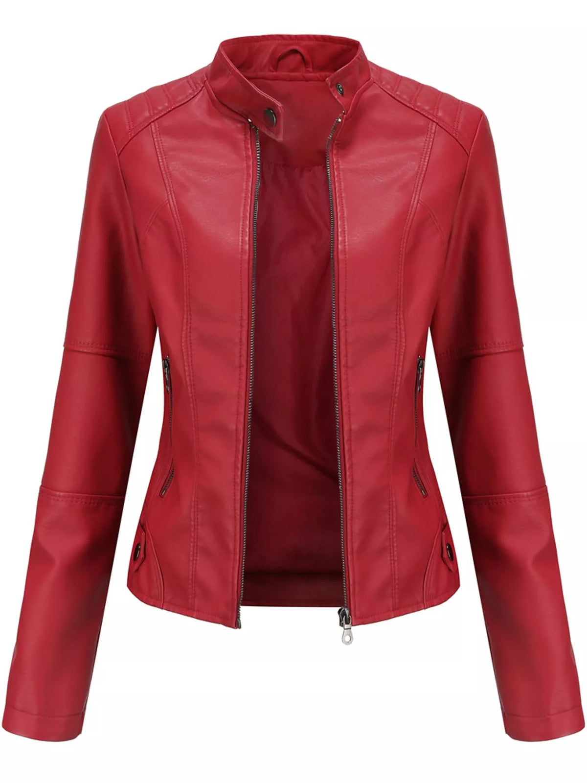 Faux-leather moto jacket, red flat front