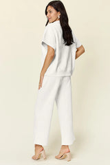 Trendsi Double Take Full Size Texture Half Zip Short Sleeve Top and Pants Set -