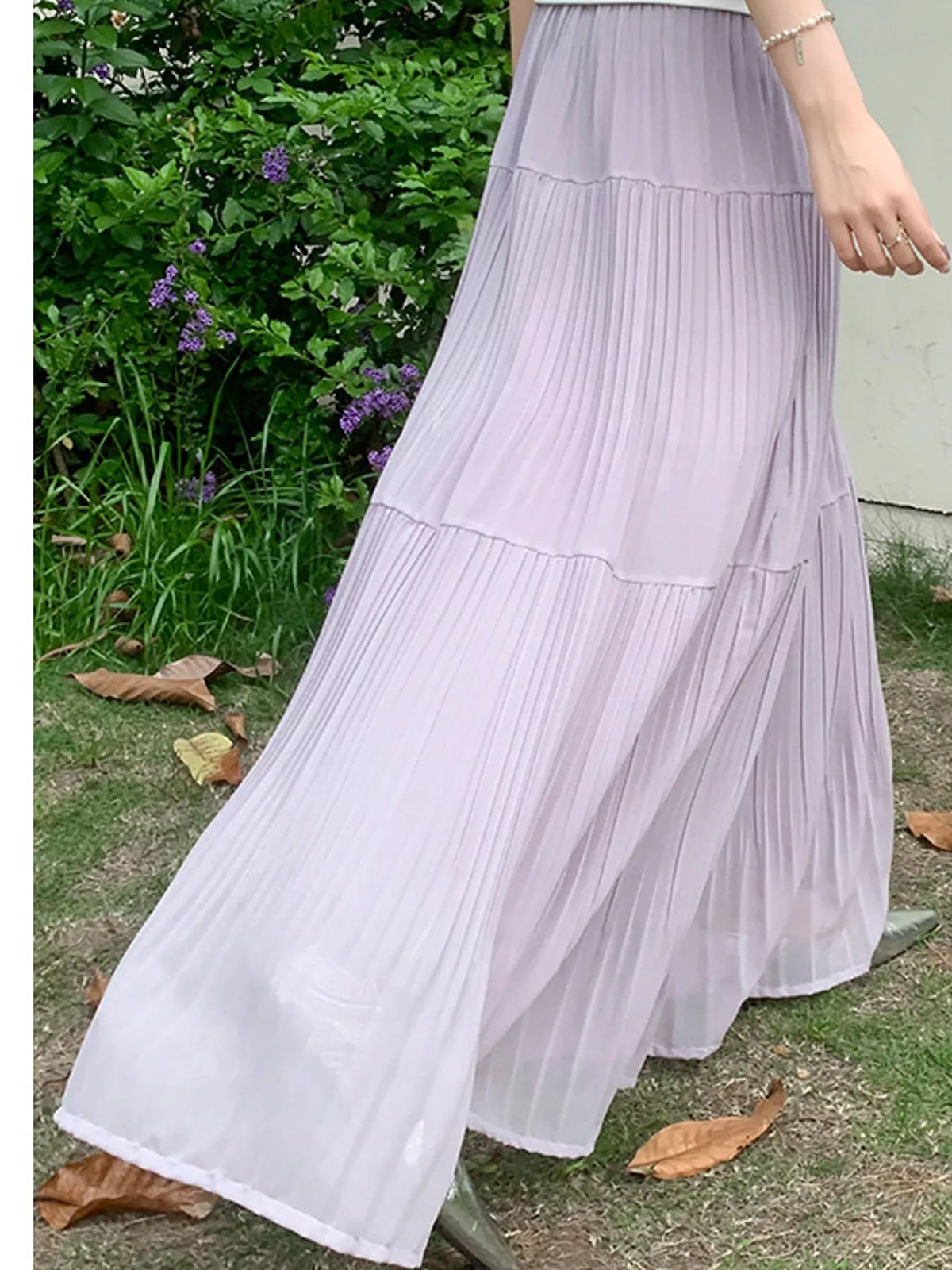 High-Waisted Tiered Pleated Maxi Skirt, front view