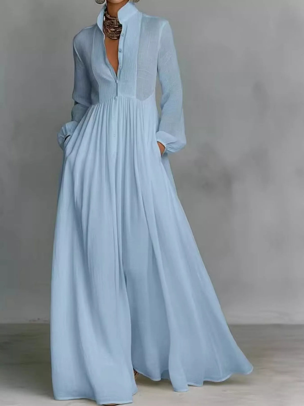 Light blue long sleeve button-front maxi dress