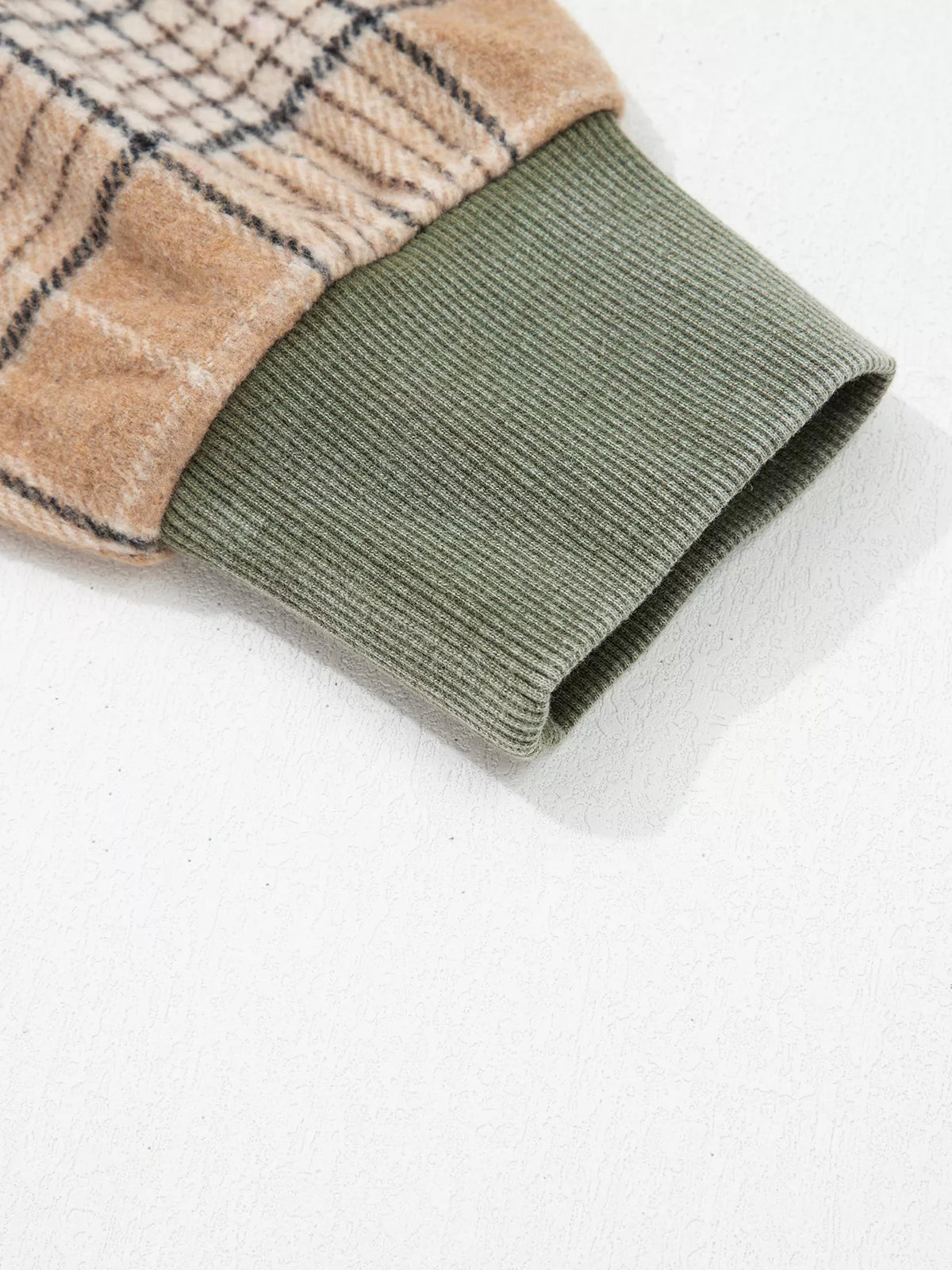 Plaid-sleeve hoodie, olive ribbed cuff