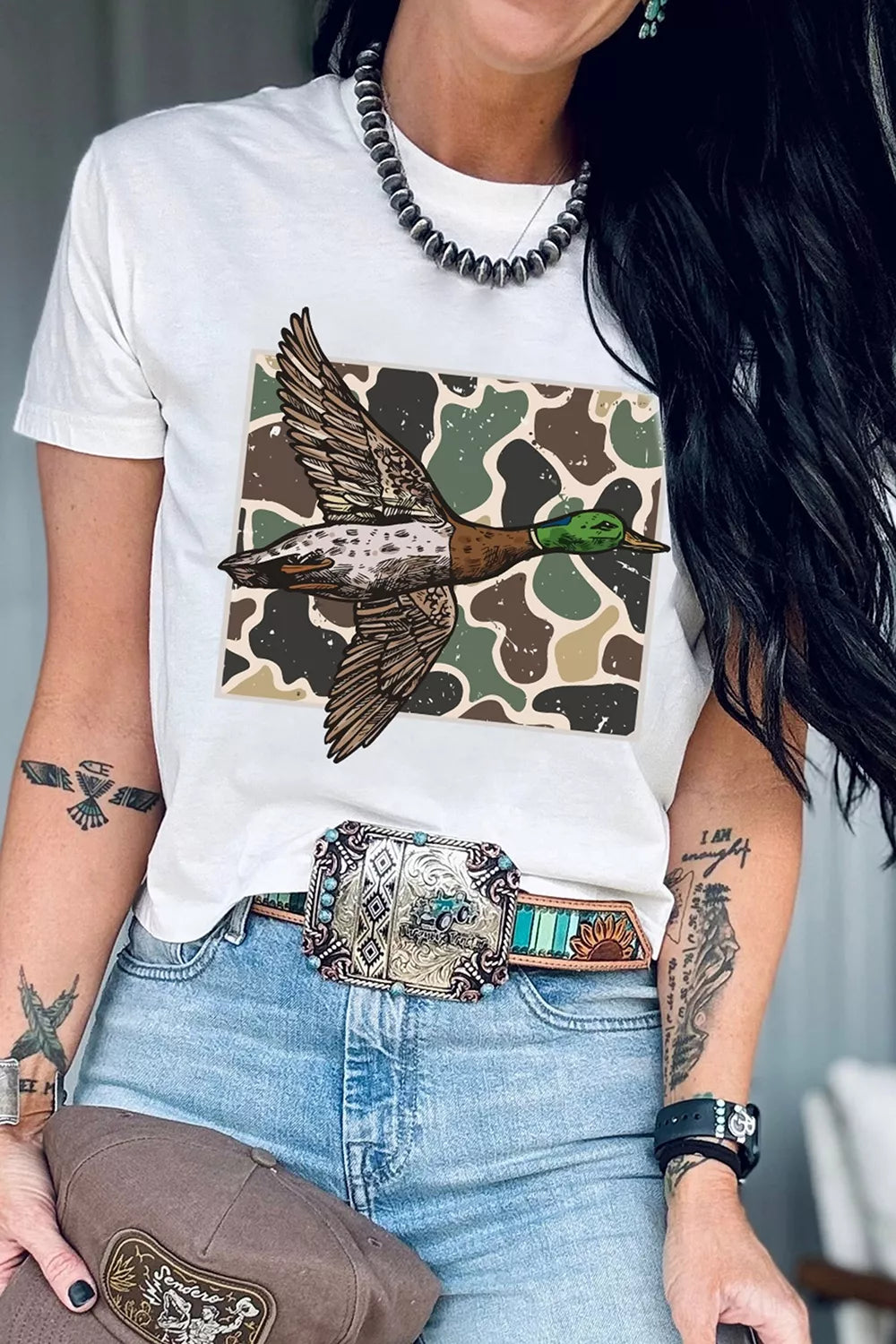 Women's white camo mallard duck graphic short sleeve T-shirt