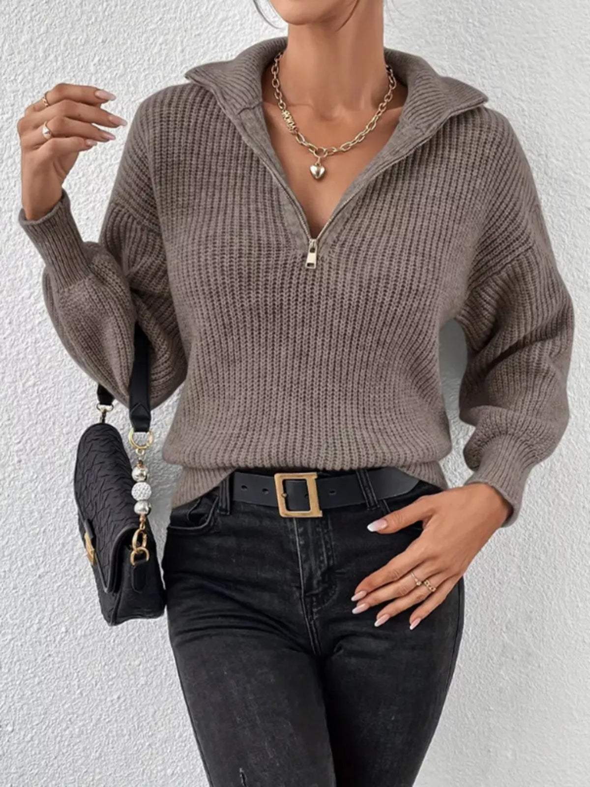 Women's Quarter-Zip Dropped Shoulder Sweater in Dark Brown, front view