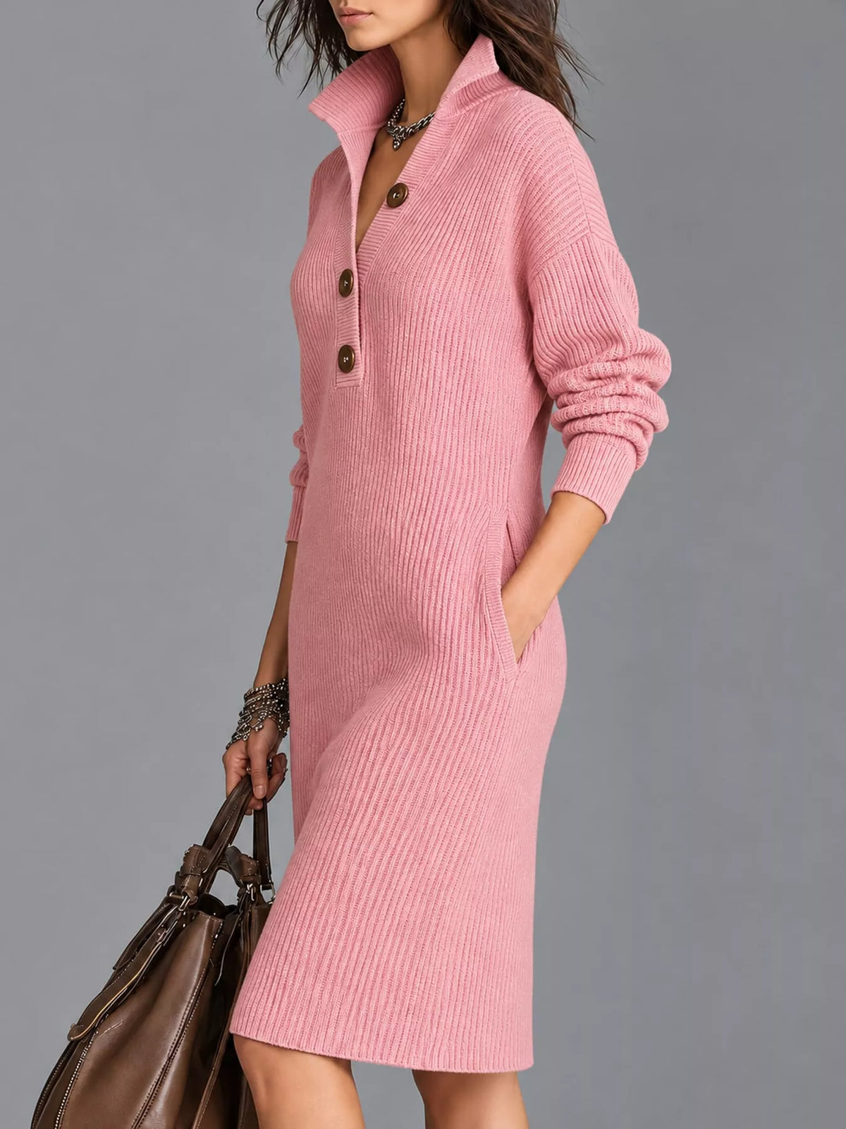 Collared long sleeve knee dress, side view