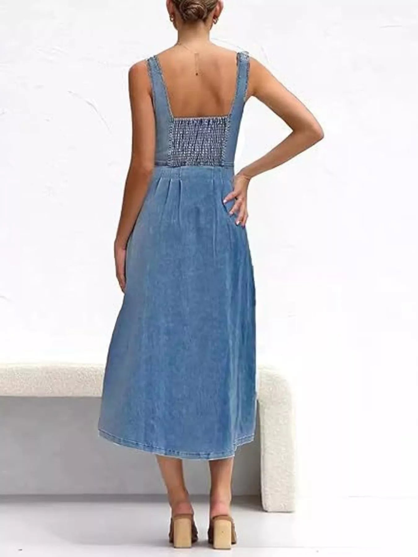 Trendsi Smocked Back Button Front Denim Midi Dress -