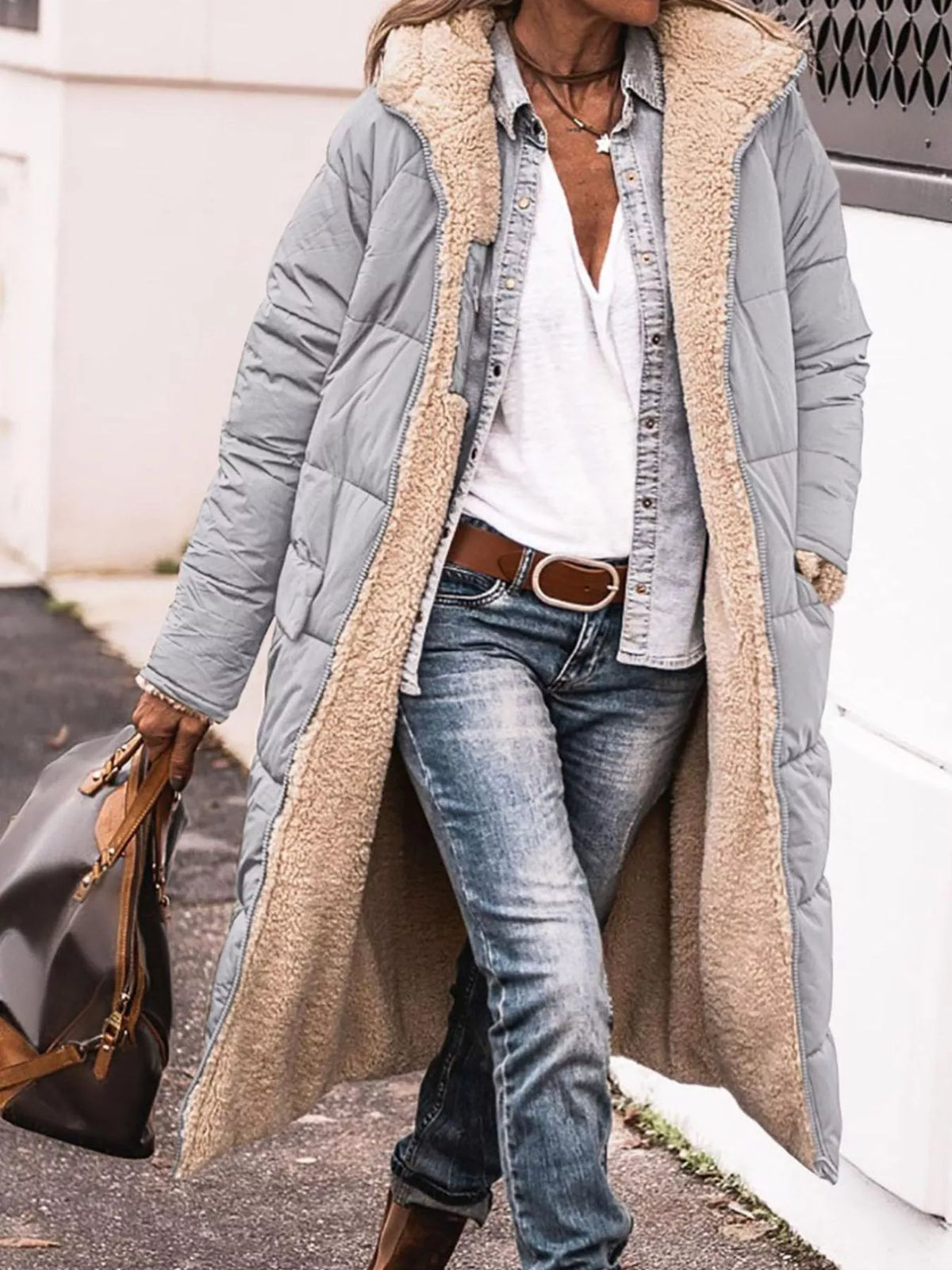 Gray longline sherpa-lined hooded puffer coat