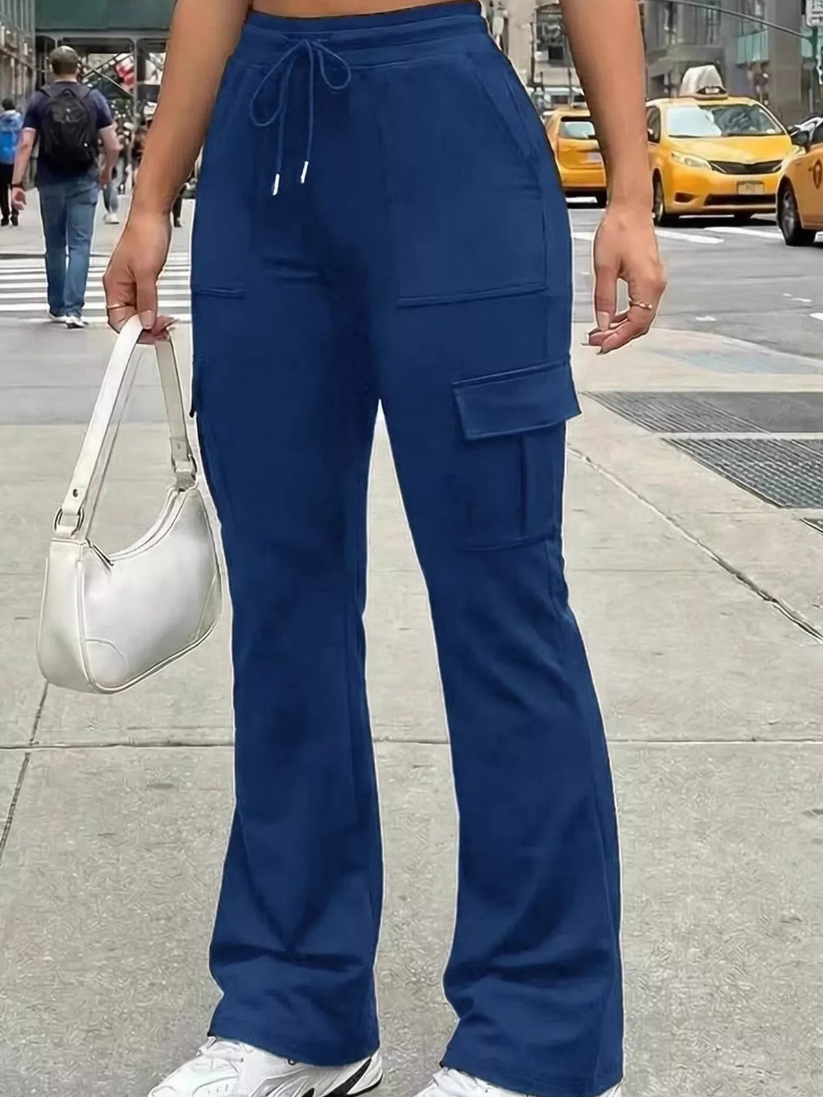 Navy high-waisted slim-fit cargo flare pants with drawstring