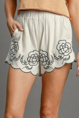 Trendsi Umgee Full Size Linen Blend Shorts with Floral Embroidered Details Plus Size - Shorts