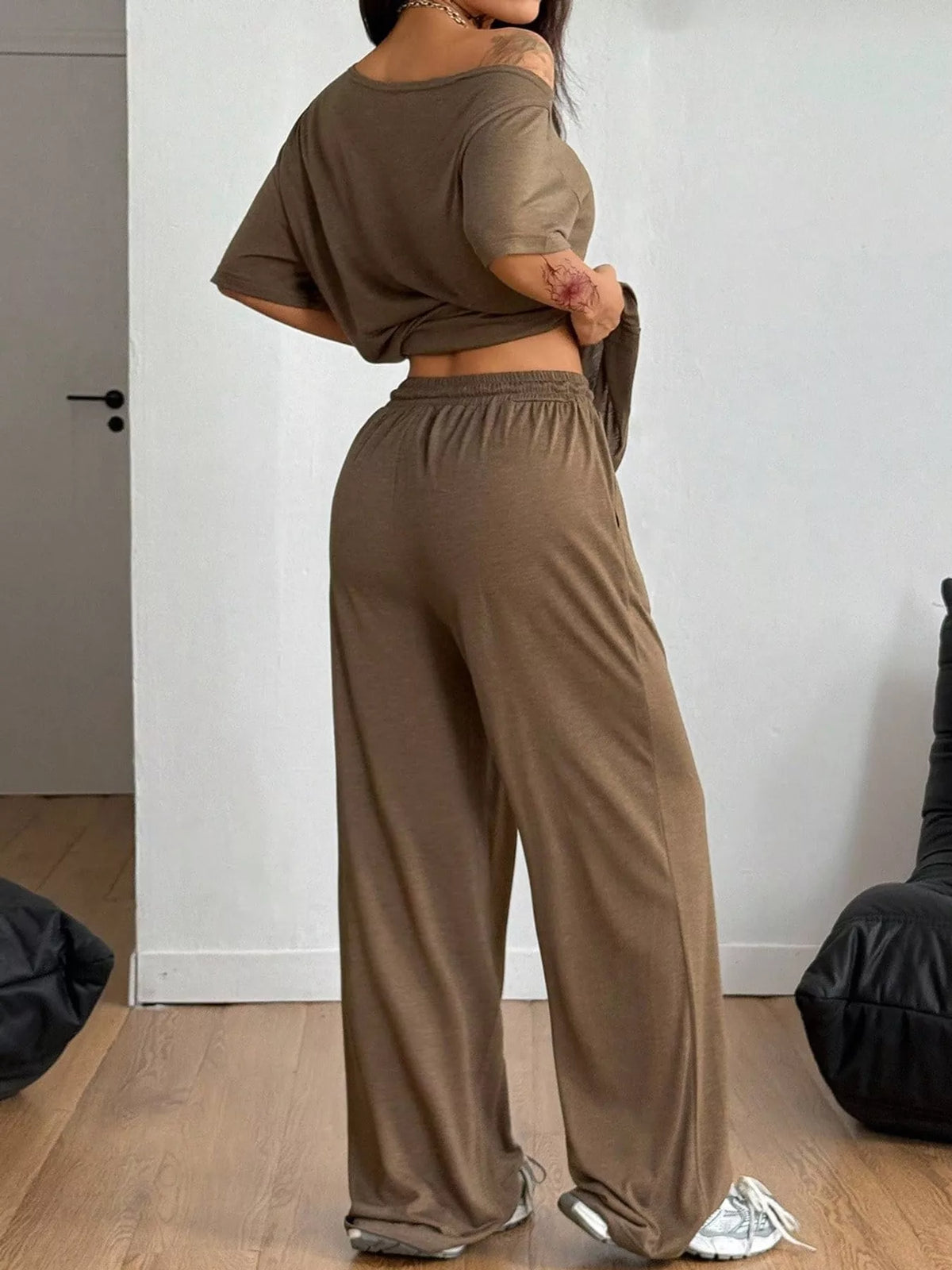 Brown boat neck top and wide-leg pants set — back view