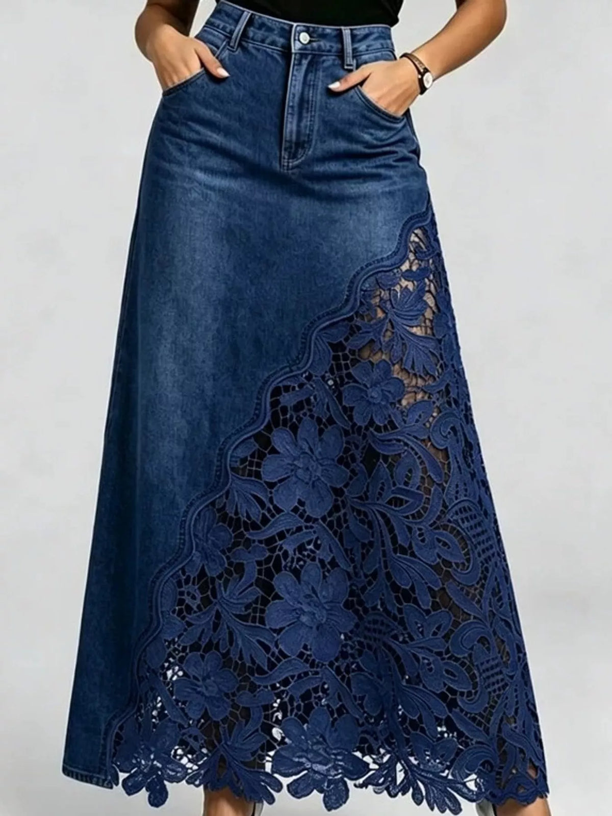 Lace-panel denim skirt, dark blue front